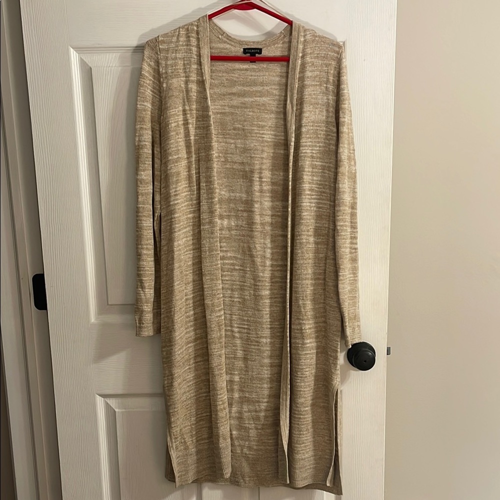 Talbots Long Open-Front Marled Beige Cardigan